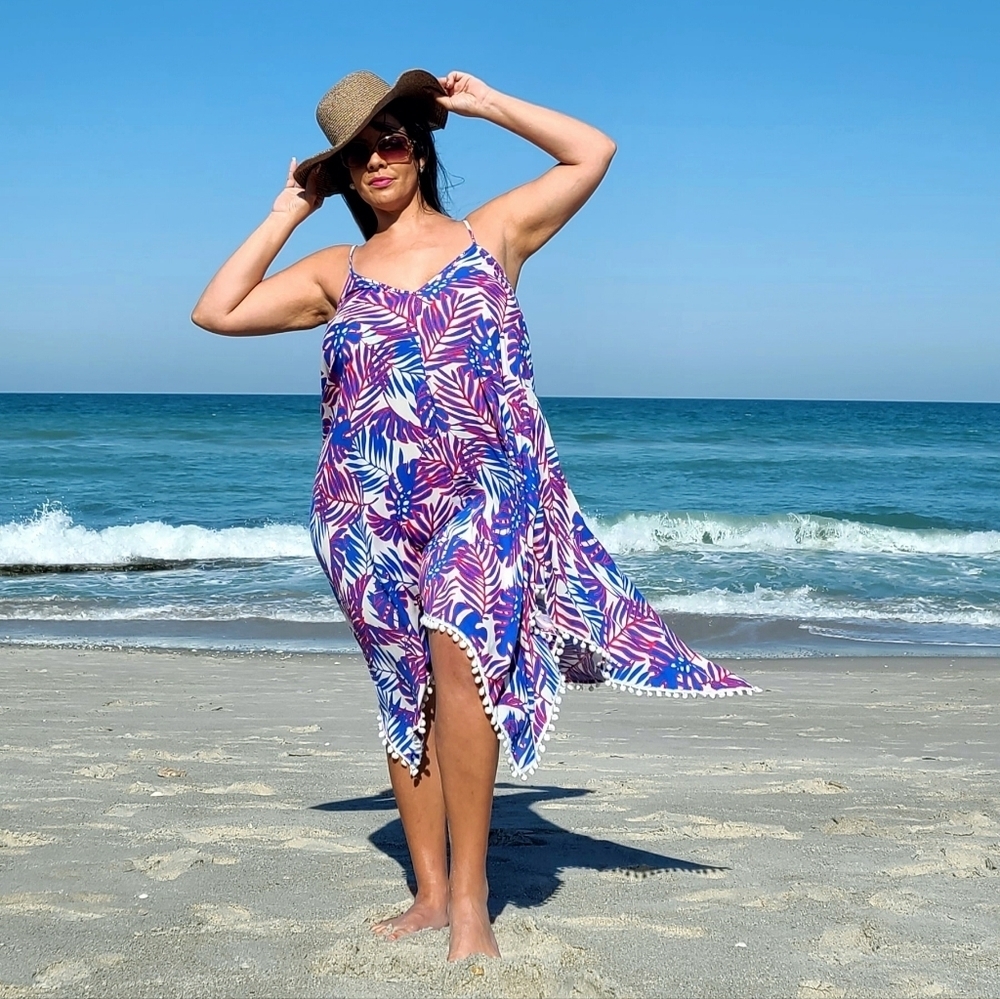 Goa Beachwear Swimsuit Coverup Dress MEDIUM Red White Blue Bathing Pom Pom Hem